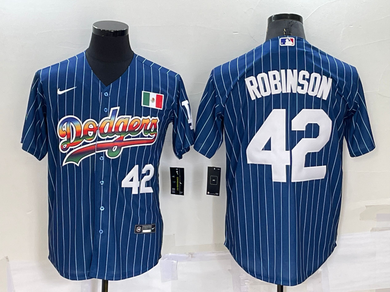 Men's Navy Los Angeles Dodgers #42 Jackie Robinson Mexico Rainbow Cool Base Stitched Baseball Jersey